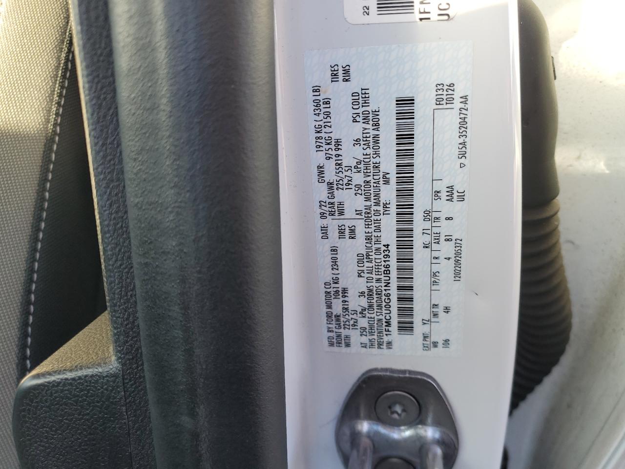 2022 FORD ESCAPE SE VIN:1FMCU0G61NUB61934