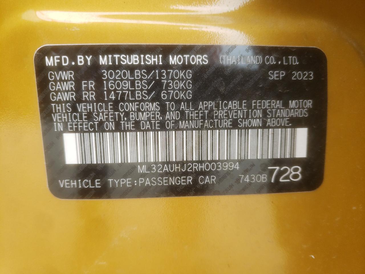 2024 MITSUBISHI MIRAGE ES VIN:ML32AUHJ2RH003994