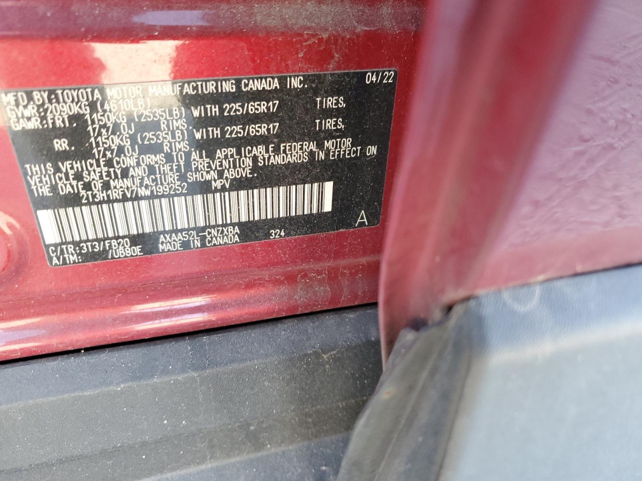 2022 TOYOTA RAV4 LE VIN:2T3H1RFV7NW199252