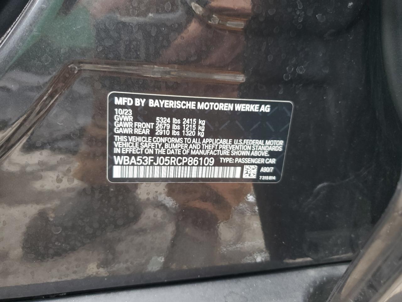 2024 BMW 530 XI VIN:WBA53FJ05RCP86109