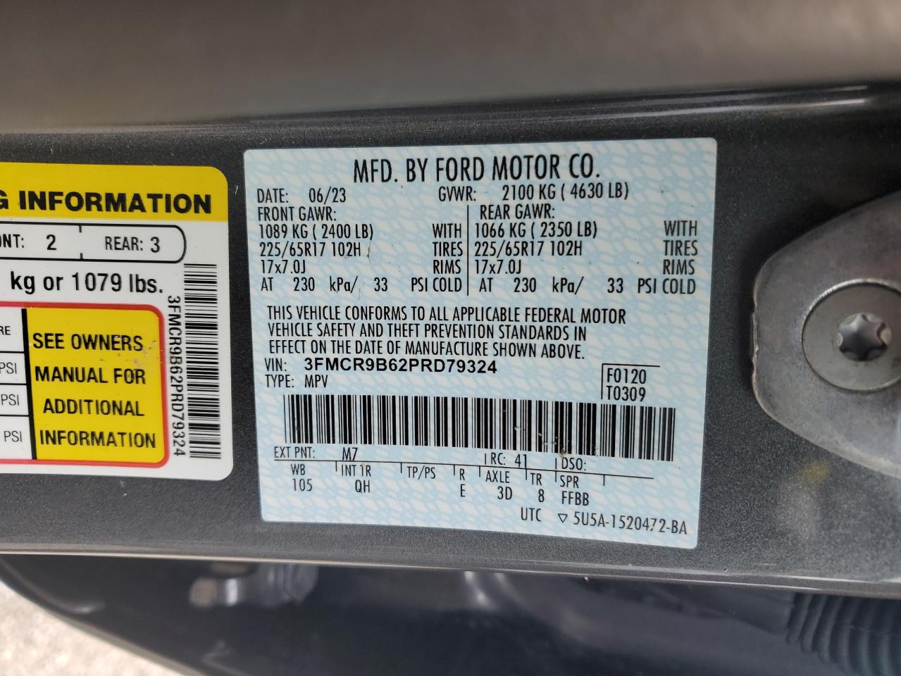 2023 FORD BRONCO SPORT BIG BEND VIN:3FMCR9B62PRD79324