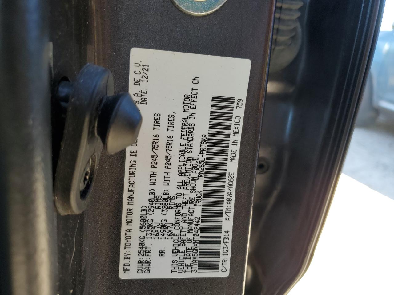 2022 TOYOTA TACOMA DOUBLE CAB VIN:3TYAX5GNXNT042442