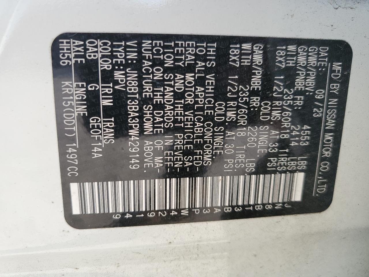 2023 NISSAN ROGUE SV VIN:JN8BT3BA3PW429149