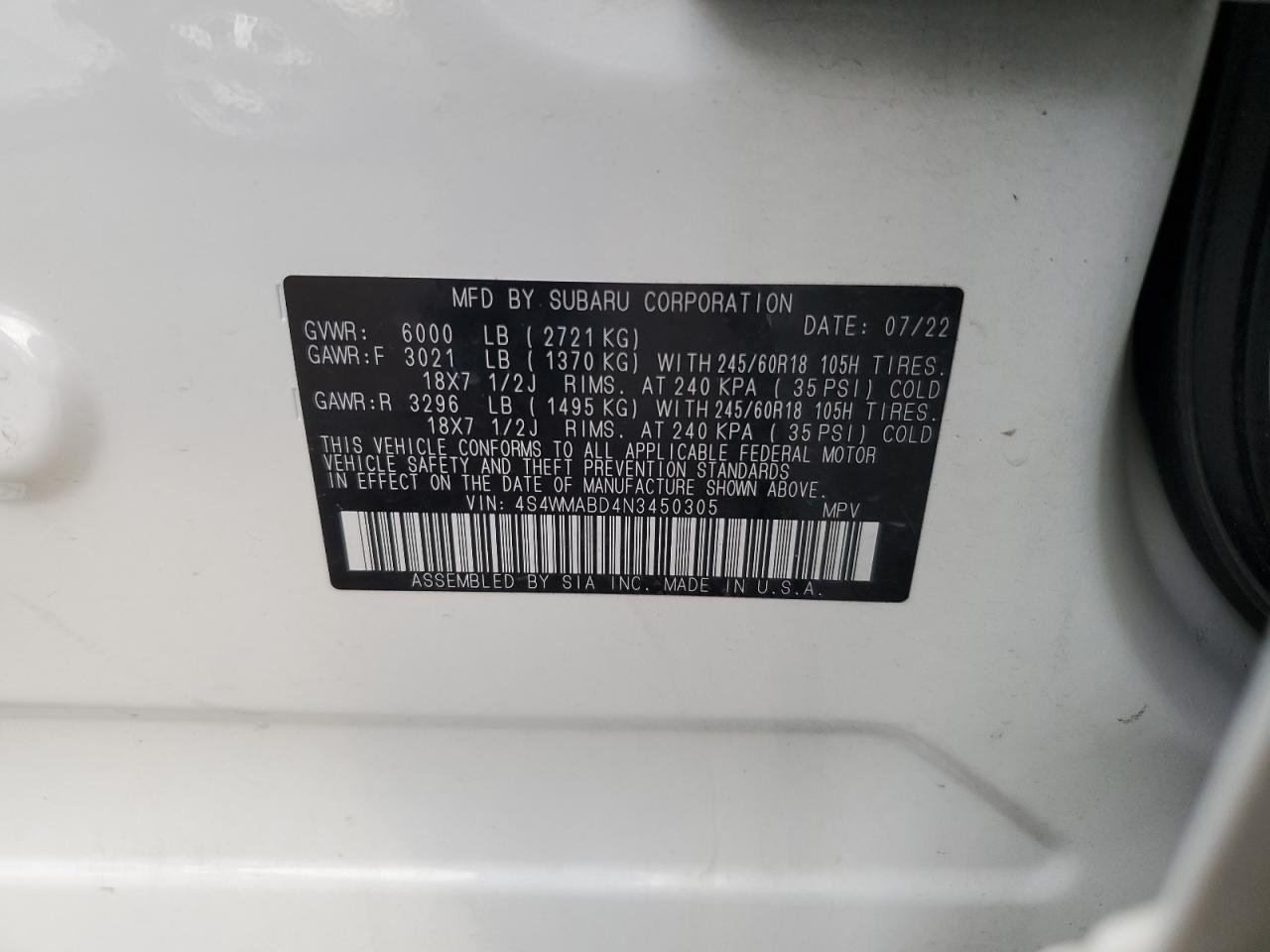 2022 SUBARU ASCENT PREMIUM VIN:4S4WMABD4N3450305