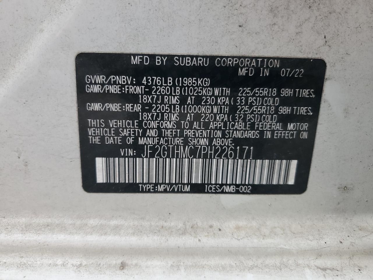 2023 SUBARU CROSSTREK LIMITED VIN:JF2GTHMC7PH226171