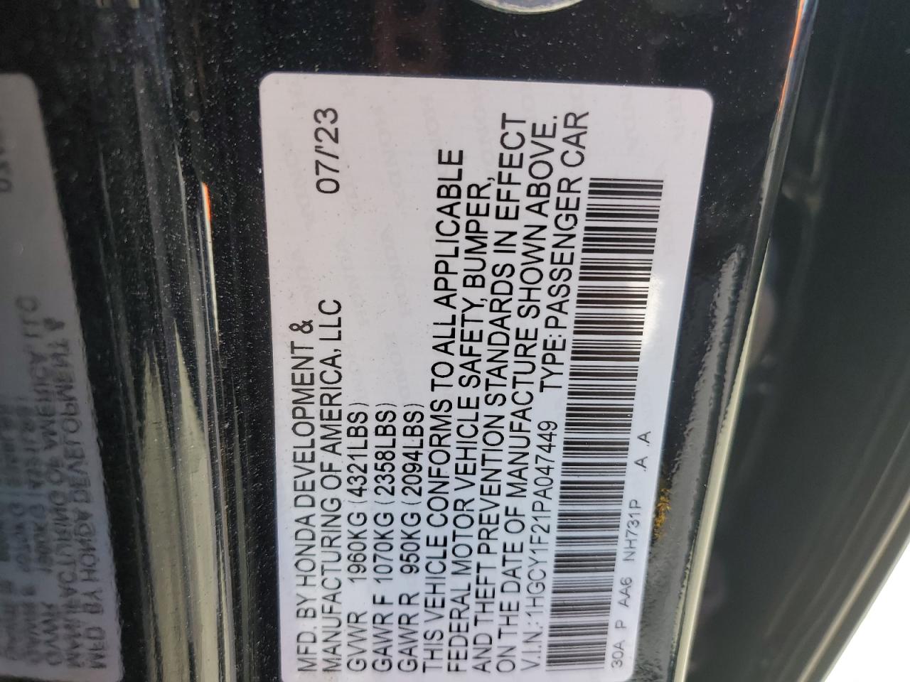 2023 HONDA ACCORD LX VIN:1HGCY1F21PA047449