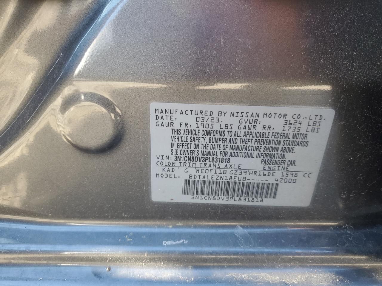 2023 NISSAN VERSA S VIN:3N1CN8DV3PL831818