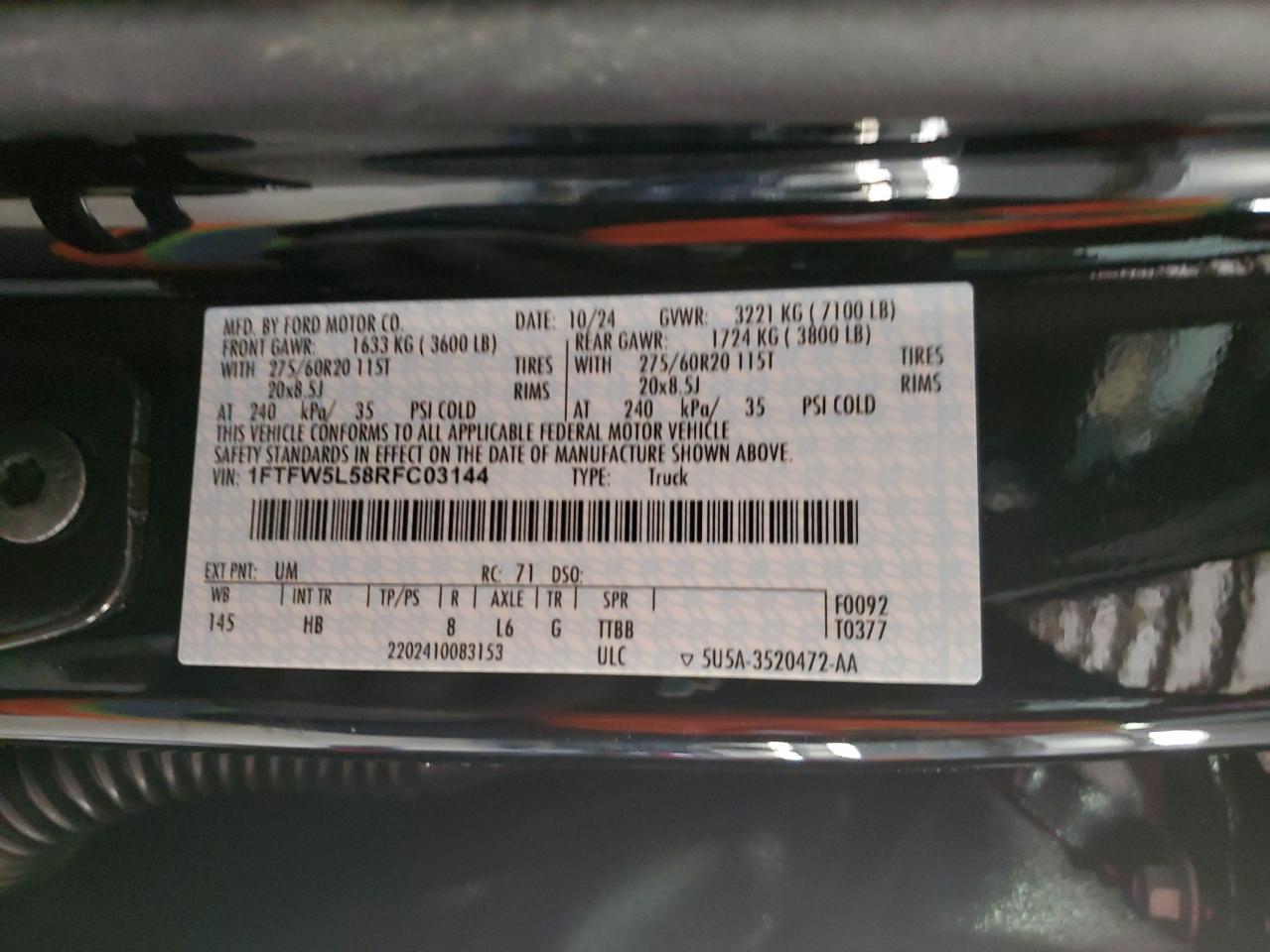 2024 FORD F150 LARIAT VIN:1FTFW5L58RFC03144