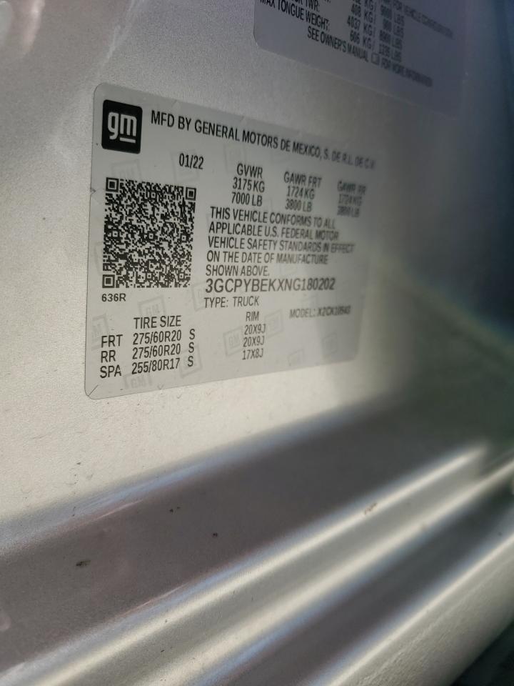 2022 CHEVROLET SILVERADO LTD K1500 CUSTOM VIN:3GCPYBEKXNG180202