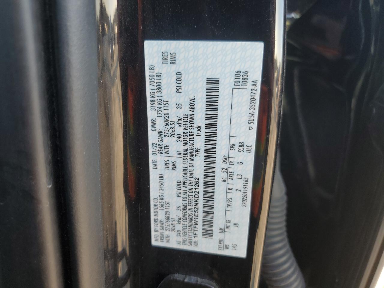 2022 FORD F150 SUPERCREW VIN:1FTFW1E52NKD21262