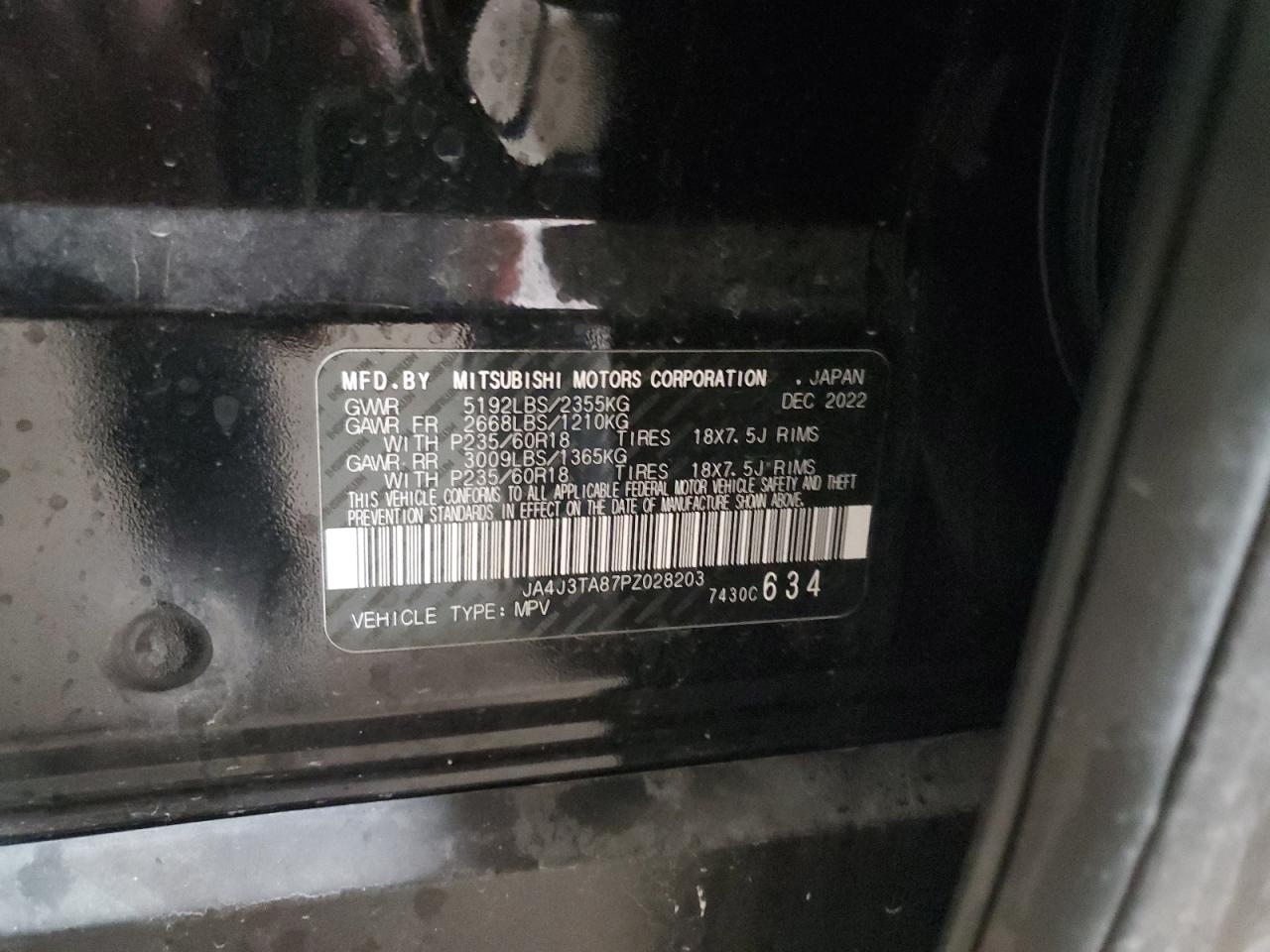 2023 MITSUBISHI OUTLANDER ES VIN:JA4J3TA87PZ028203