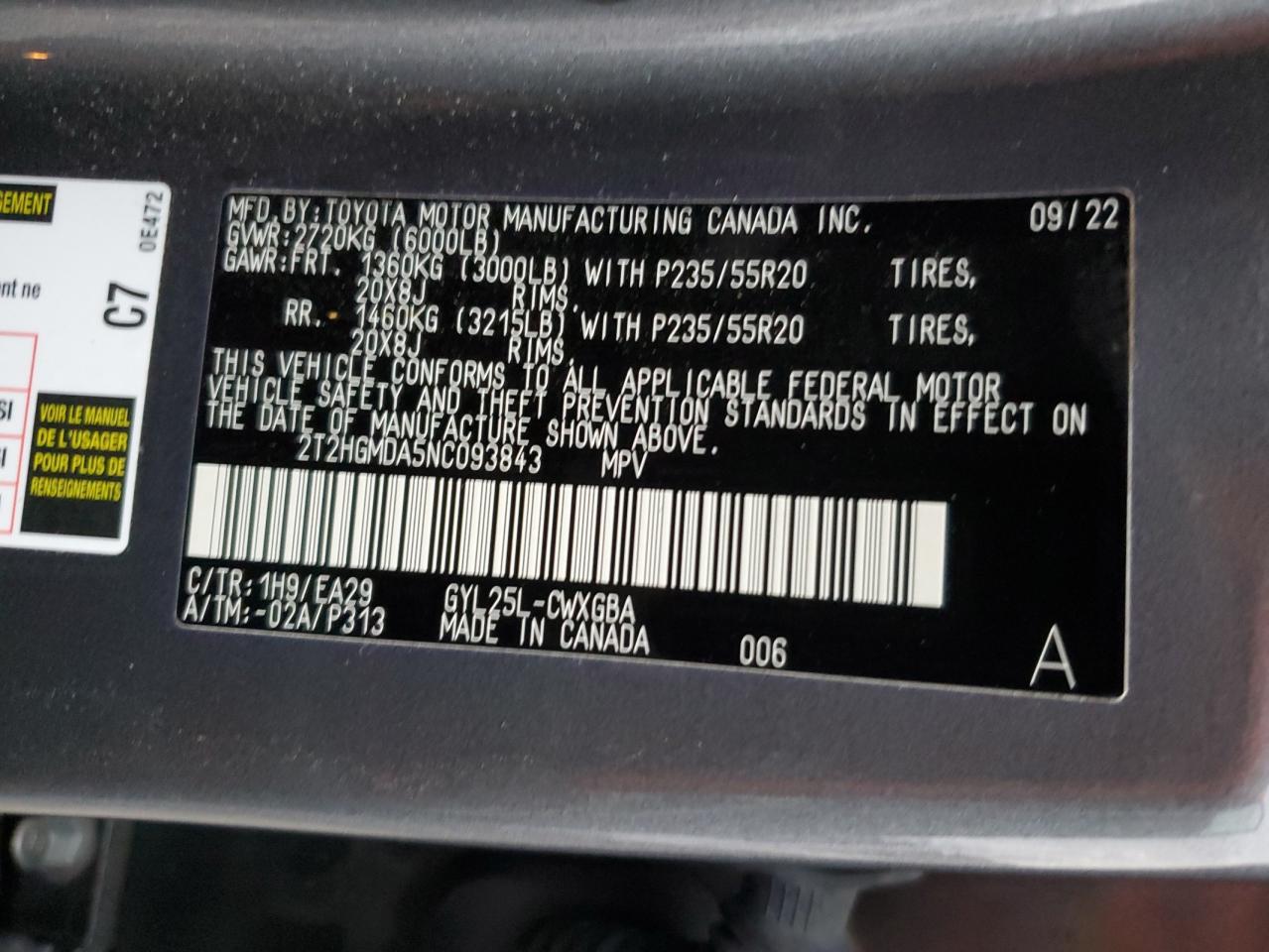 2022 LEXUS RX 450H VIN:2T2HGMDA5NC093843