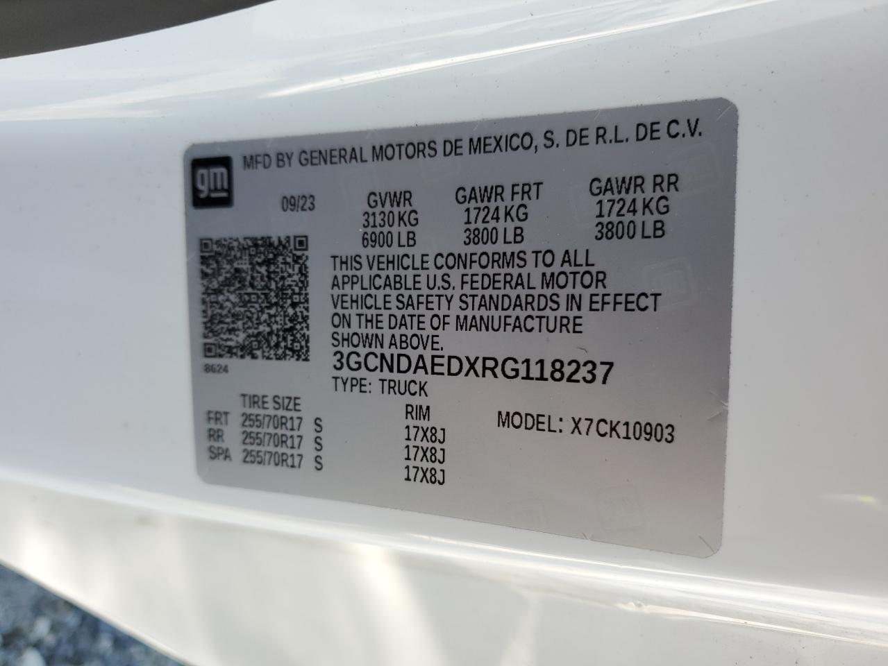 2024 CHEVROLET SILVERADO K1500 VIN:3GCNDAEDXRG118237