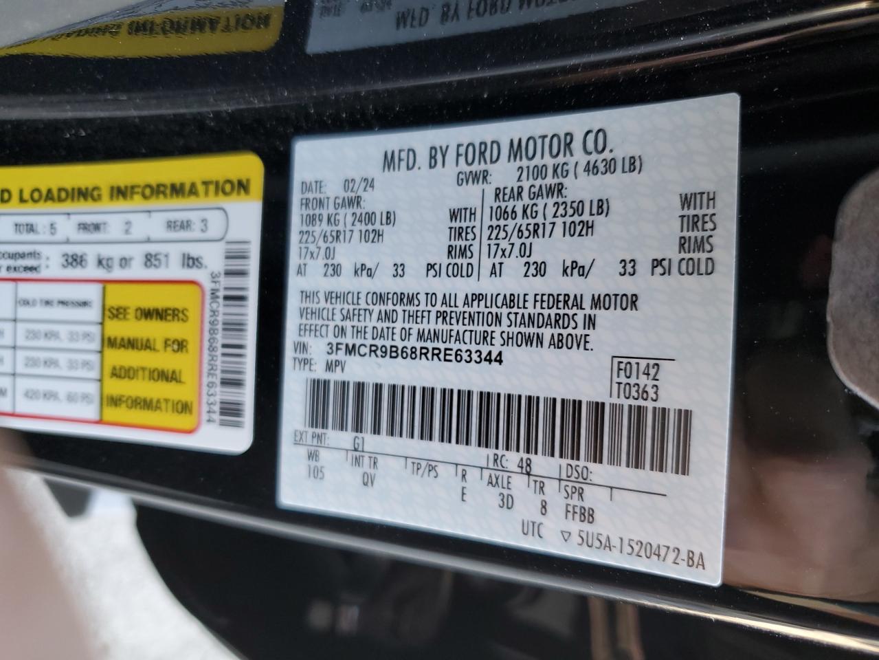 2024 FORD BRONCO SPORT BIG BEND VIN:3FMCR9B68RRE63344