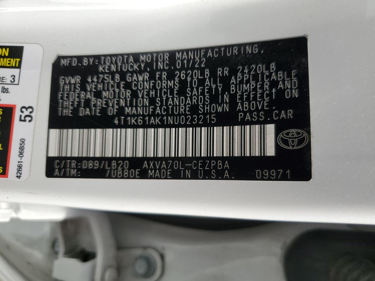 2022 TOYOTA CAMRY XSE VIN:4T1K61AK1NU023215