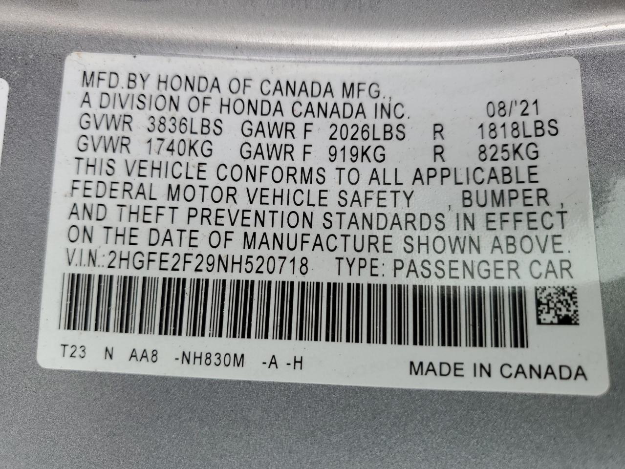 2022 HONDA CIVIC LX VIN:2HGFE2F29NH520718