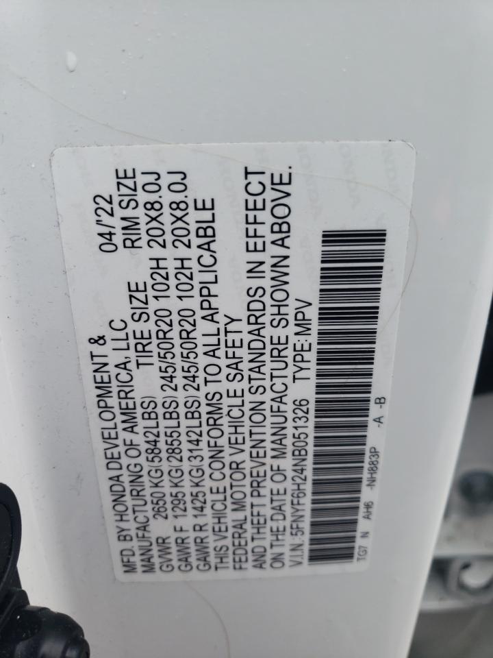 2022 HONDA PILOT SE VIN:5FNYF6H24NB051326