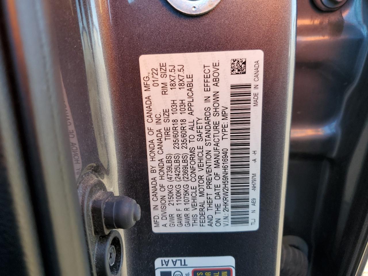2022 HONDA CR-V EX VIN:2HKRW2H59NH616940
