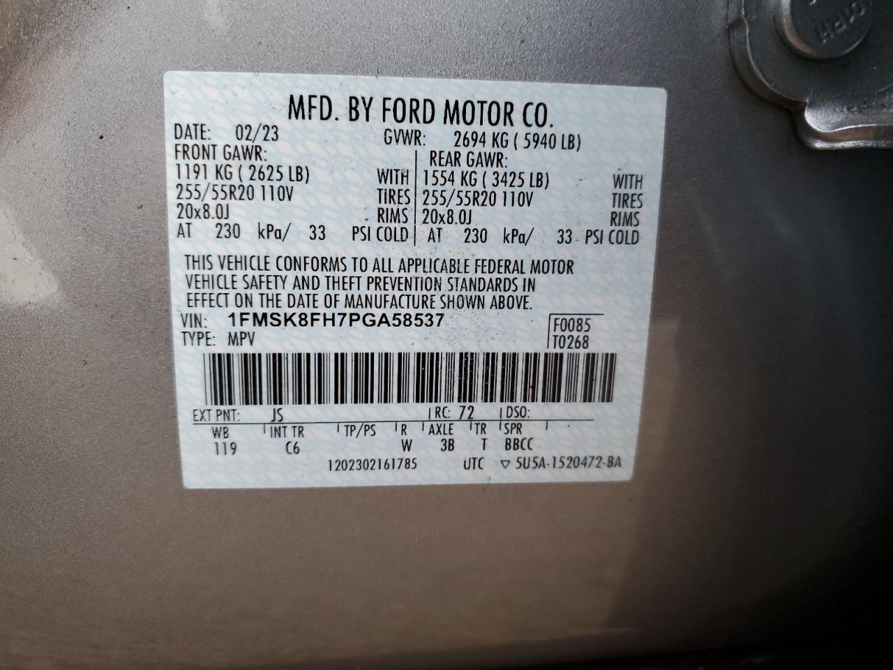 2023 FORD EXPLORER LIMITED VIN:1FMSK8FH7PGA58537
