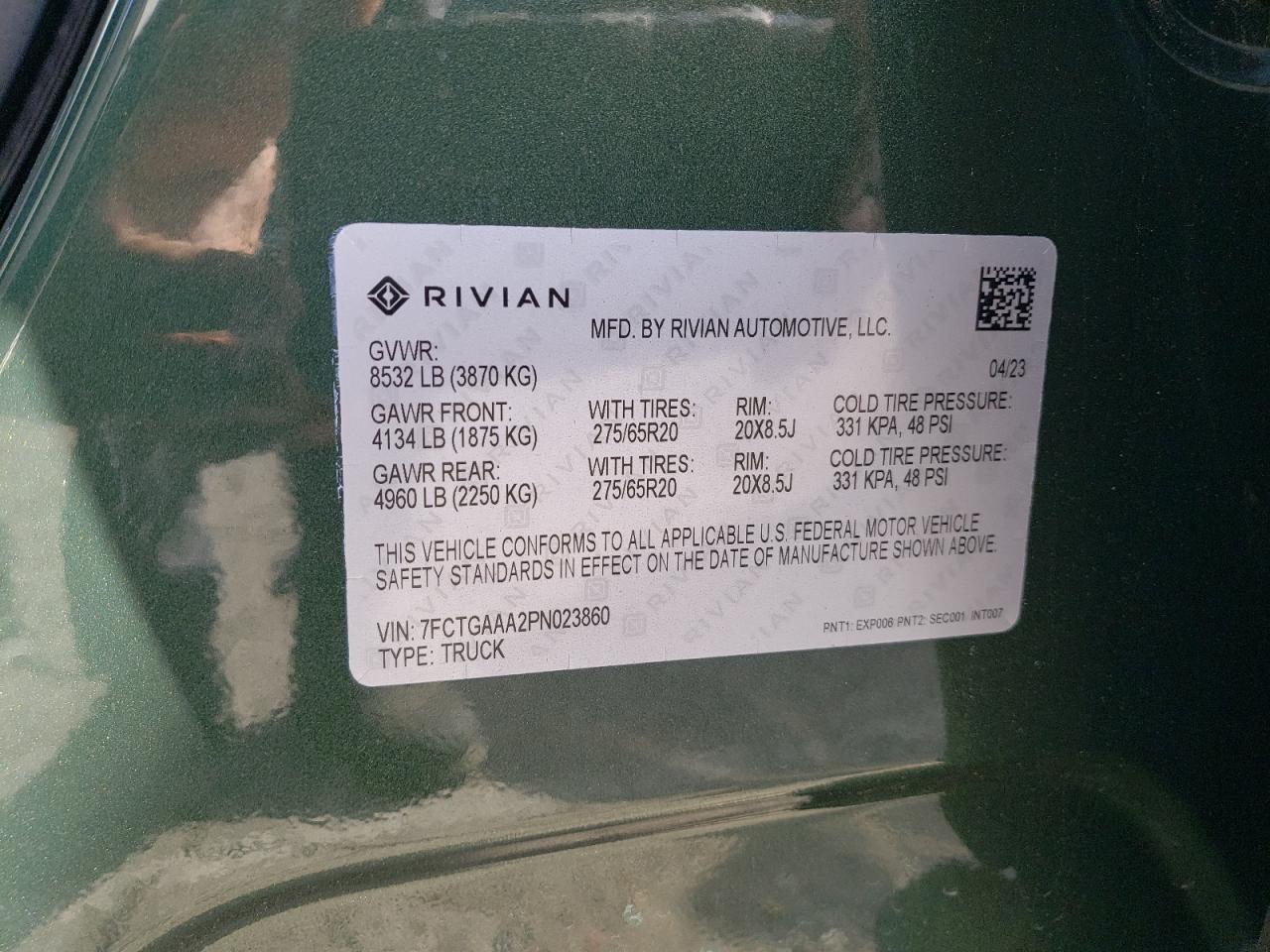 2023 RIVIAN R1T ADVENTURE VIN:7FCTGAAA2PN023860