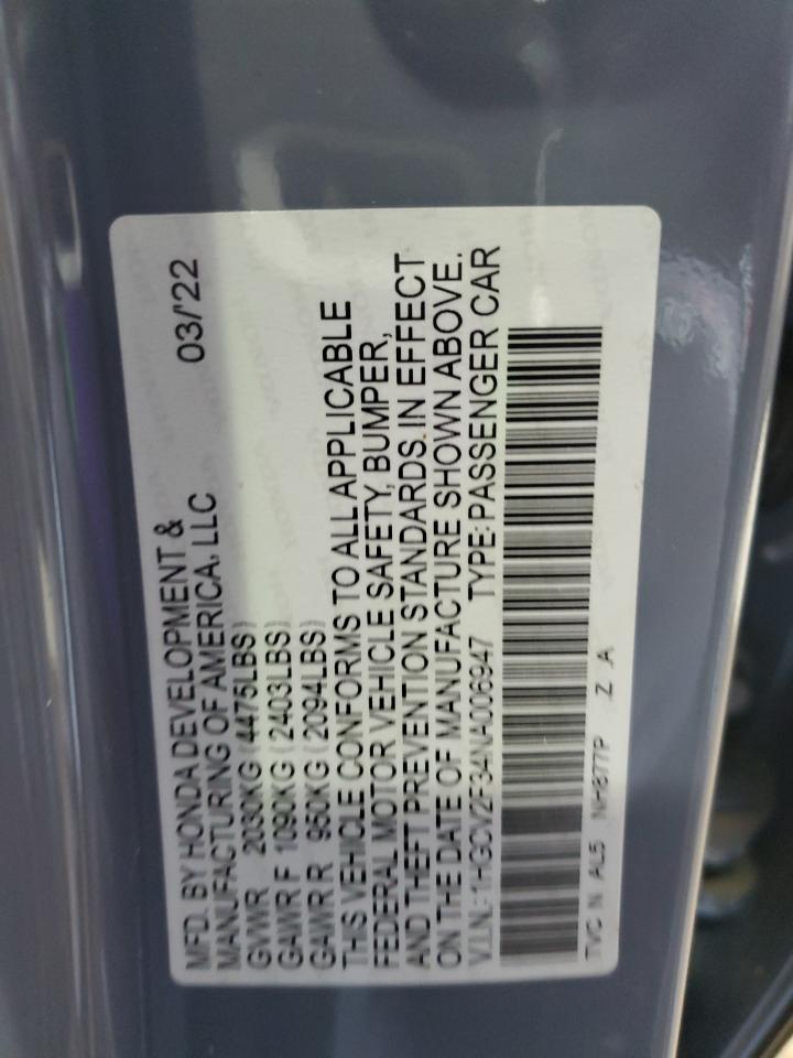 2022 HONDA ACCORD SPORT VIN:1HGCV2F34NA006947