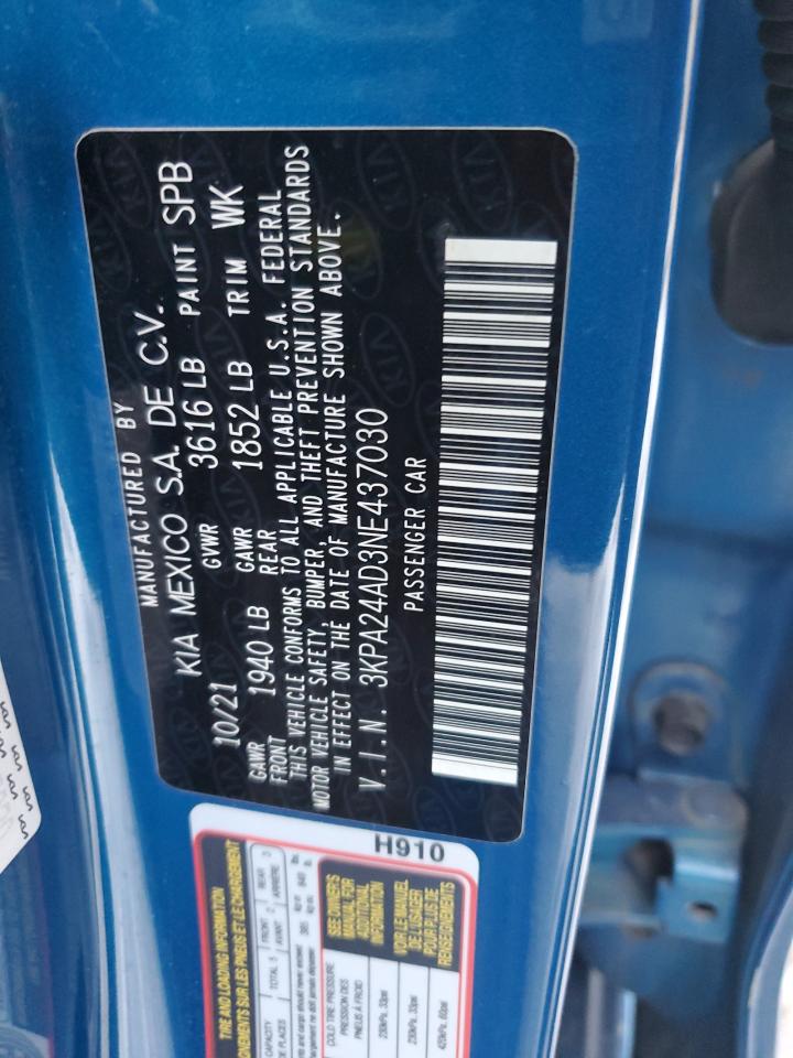 2022 KIA RIO LX VIN:3KPA24AD3NE437030