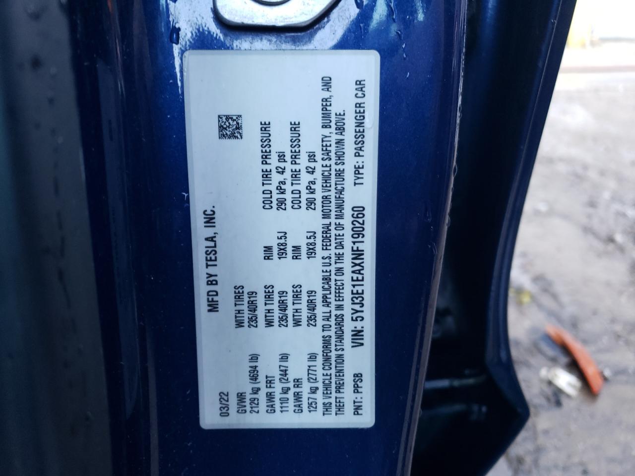 2022 TESLA MODEL 3  VIN:5YJ3E1EAXNF190260