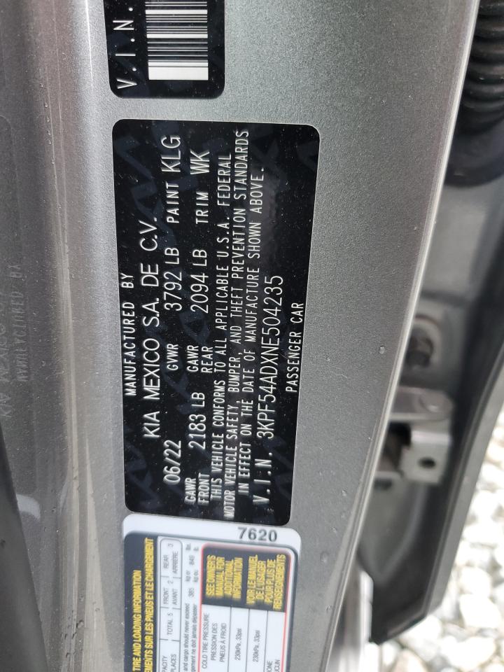 2022 KIA FORTE GT LINE VIN:3KPF54ADXNE504235