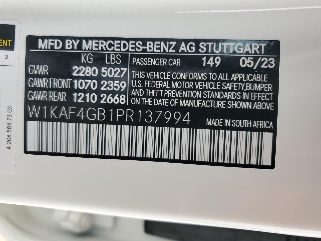 2023 MERCEDES-BENZ C 300 VIN:W1KAF4GB1PR137994