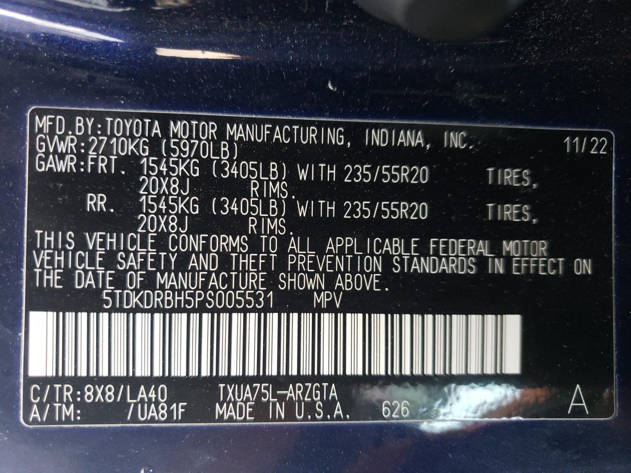 2023 TOYOTA HIGHLANDER L VIN:5TDKDRBH5PS005531