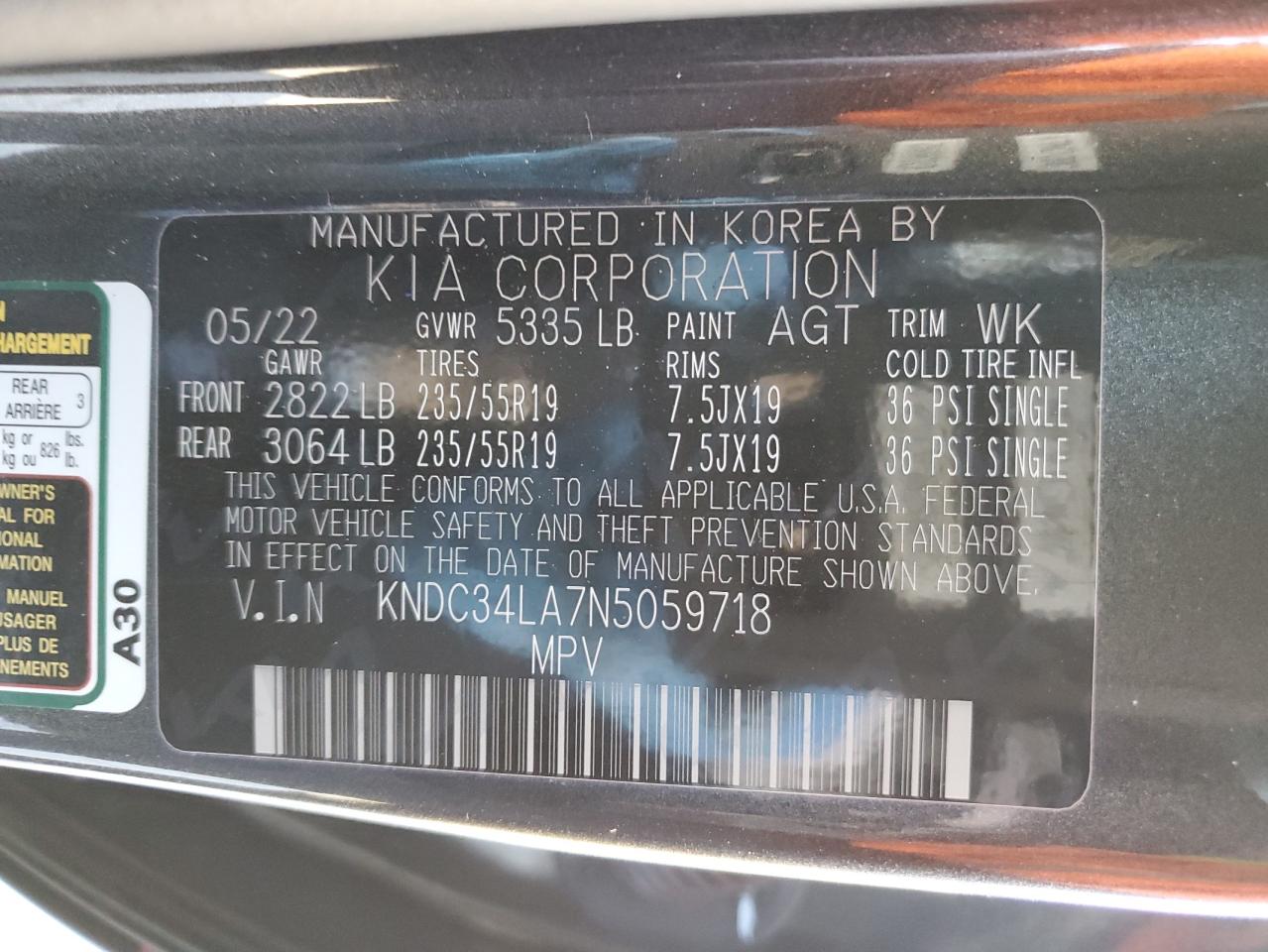 2022 KIA EV6 LIGHT VIN:KNDC34LA7N5059718