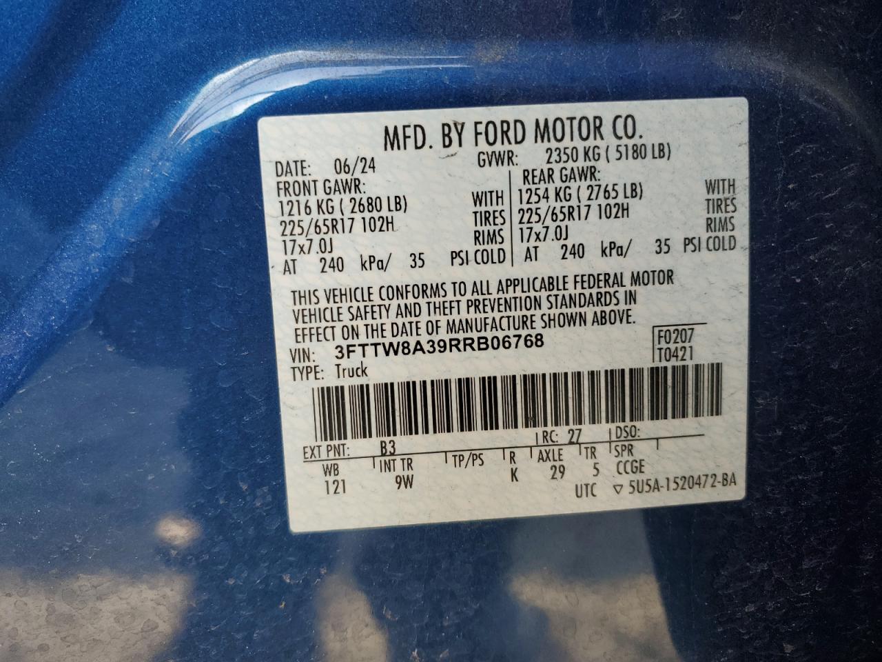 2024 FORD MAVERICK XL VIN:3FTTW8A39RRB06768