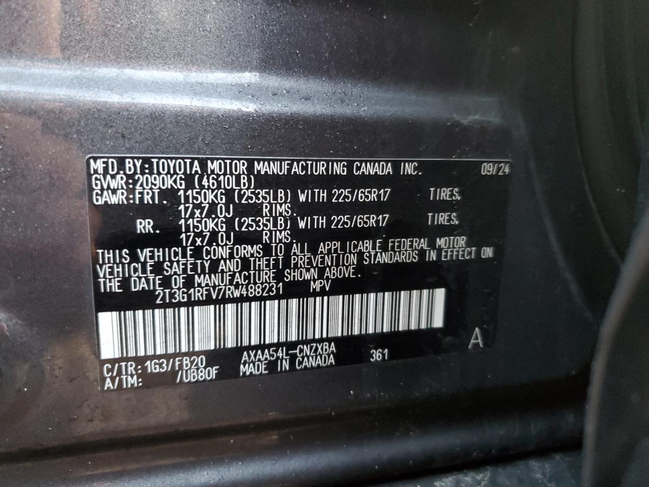2024 TOYOTA RAV4 LE VIN:2T3G1RFV7RW488231