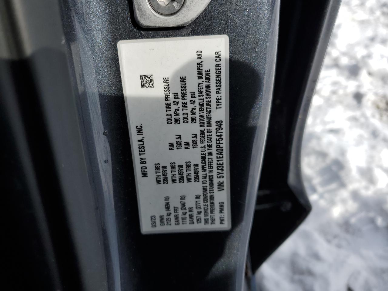 2023 TESLA MODEL 3  VIN:5YJ3E1EA0PF547948