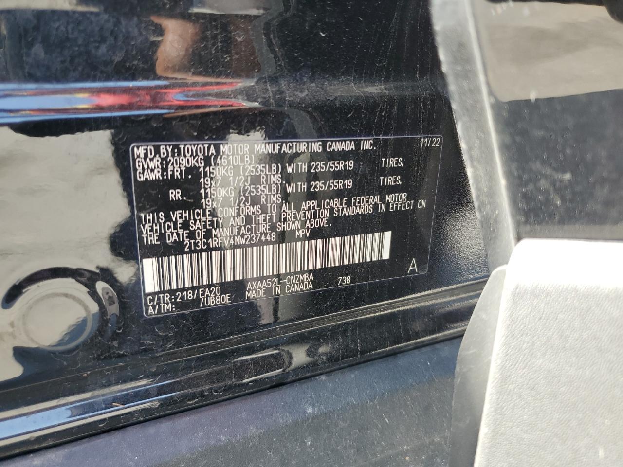 2022 TOYOTA RAV4 XLE PREMIUM VIN:2T3C1RFV4NW237448