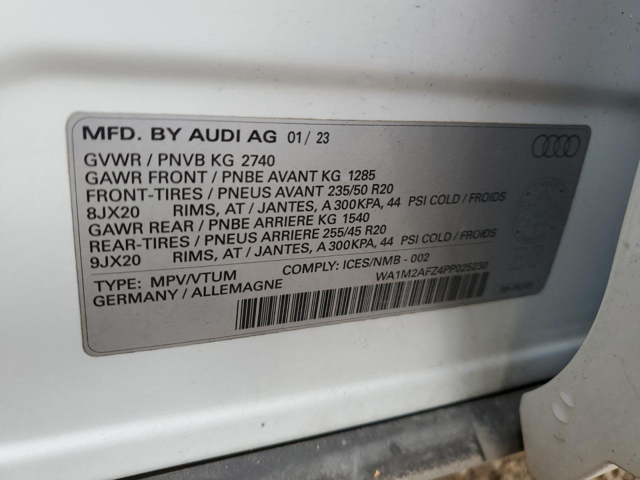 2023 AUDI Q4 E-TRON TECHNIK VIN:WA1M2AFZ4PP025230