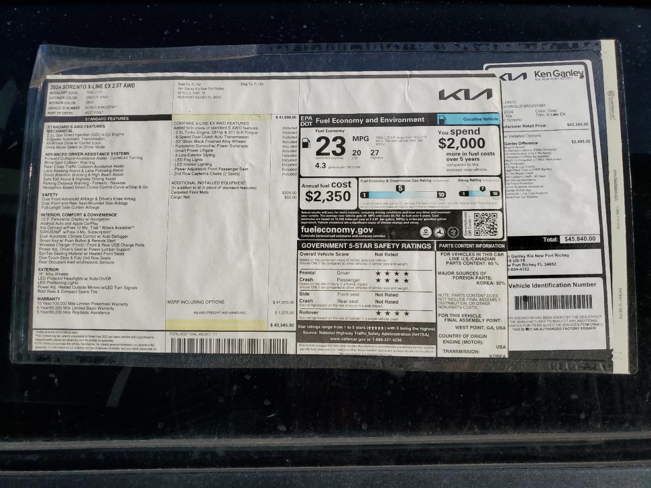 2024 KIA SORENTO EX VIN:5XYRHDJF9RG297481