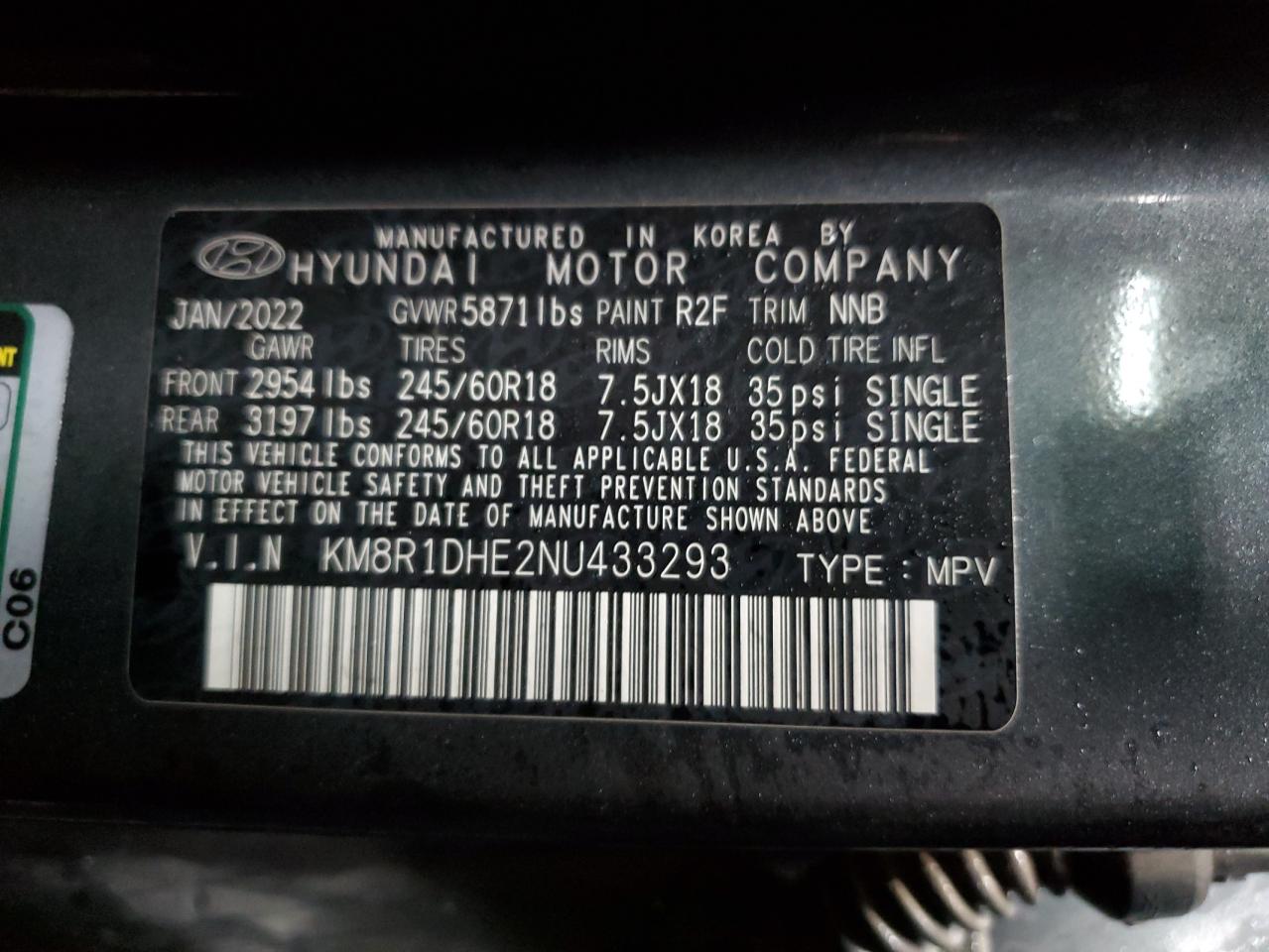 2022 HYUNDAI PALISADE SE VIN:KM8R1DHE2NU433293
