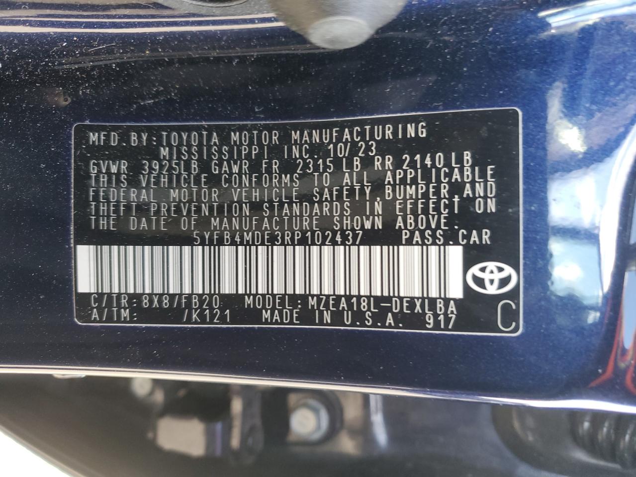 2024 TOYOTA COROLLA LE VIN:5YFB4MDE3RP102437