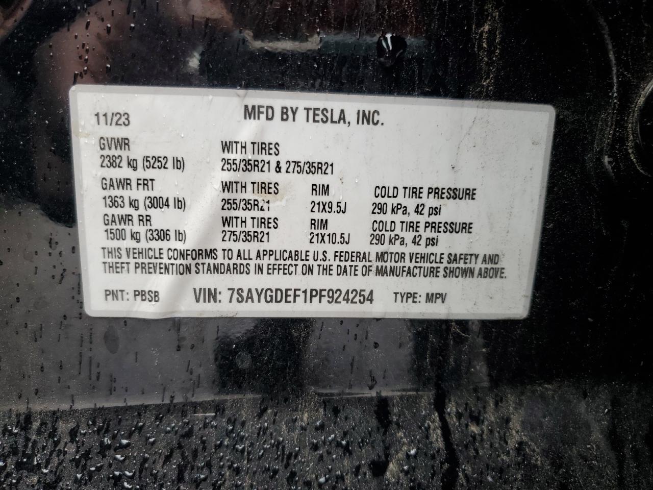 2023 TESLA MODEL Y  VIN:7SAYGDEF1PF924254