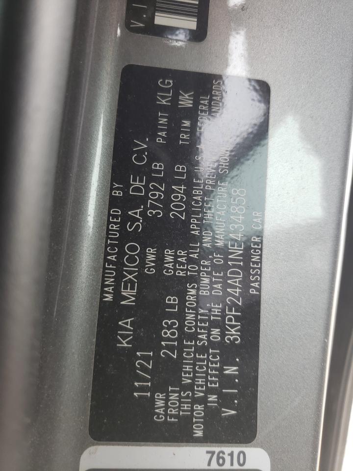 2022 KIA FORTE FE VIN:3KPF24AD1NE434858