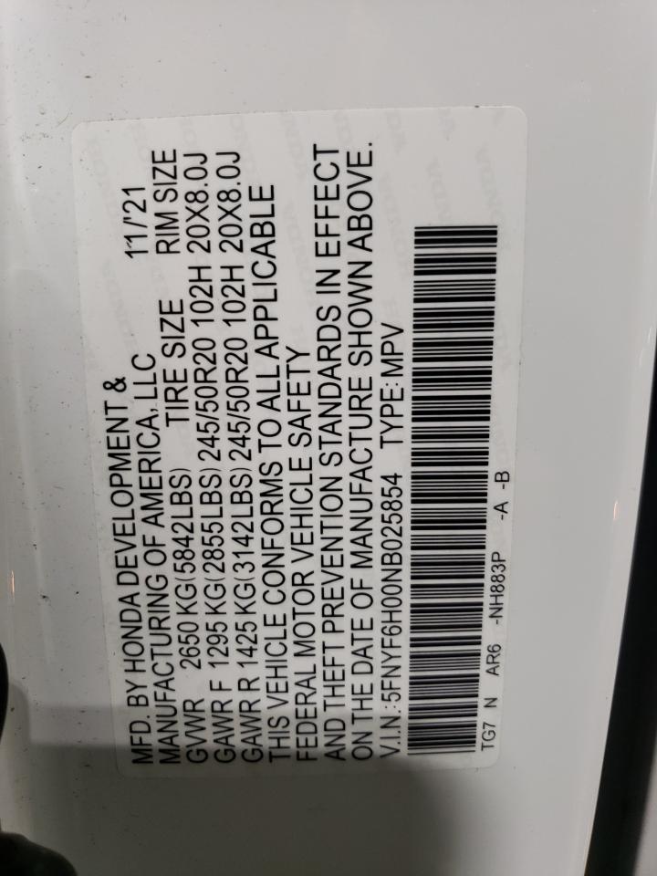 2022 HONDA PILOT ELITE VIN:5FNYF6H00NB025854