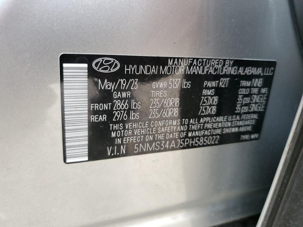 2023 HYUNDAI SANTA FE SEL PREMIUM VIN:5NMS34AJ5PH585022
