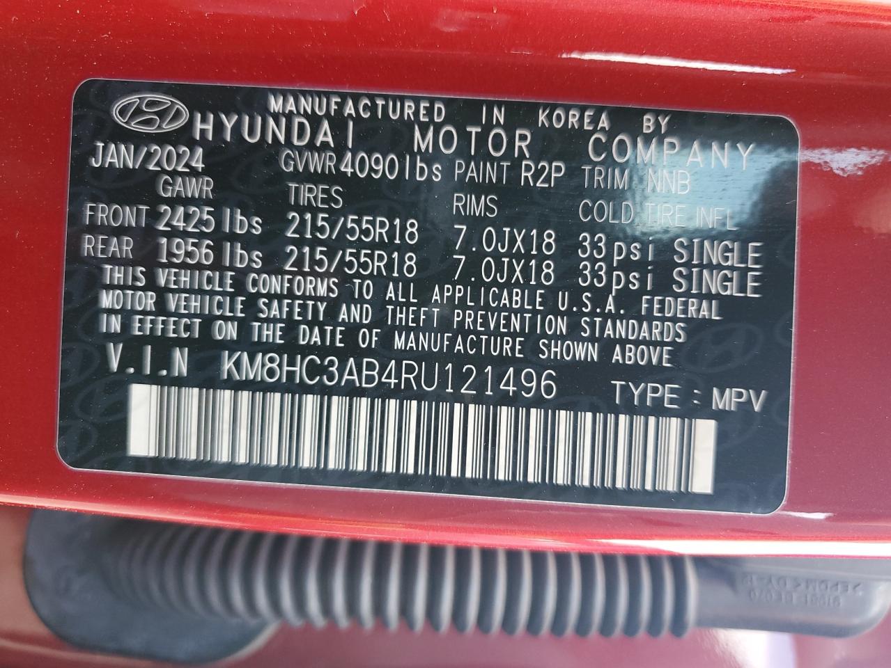 2024 HYUNDAI KONA SEL VIN:KM8HC3AB4RU121496