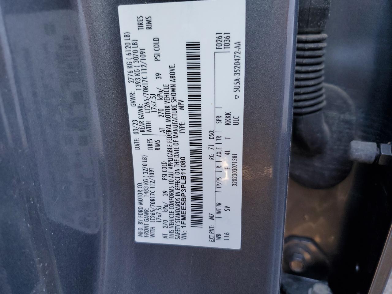 2023 FORD BRONCO BASE VIN:1FMEE5BP3PLB11080