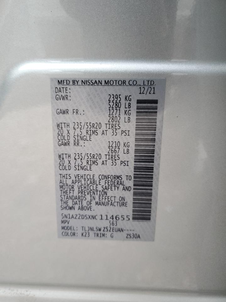 2022 NISSAN MURANO PLATINUM VIN:5N1AZ2DSXNC114655