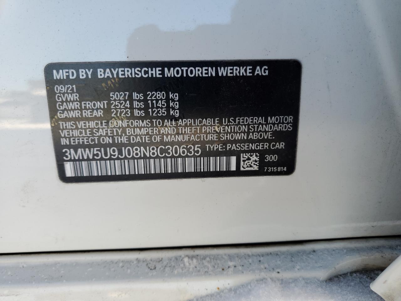 2022 BMW M340XI  VIN:3MW5U9J08N8C30635