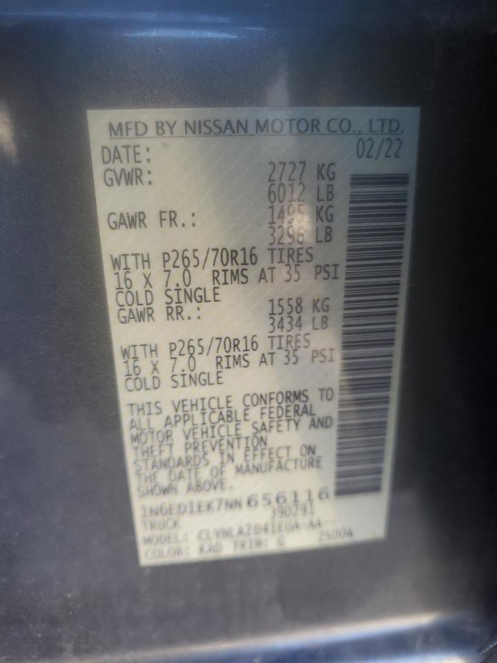 2022 NISSAN FRONTIER S VIN:1N6ED1EK7NN656116