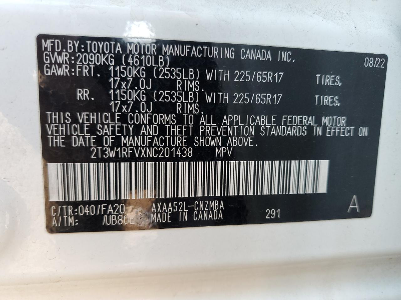 2022 TOYOTA RAV4 XLE VIN:2T3W1RFVXNC201438