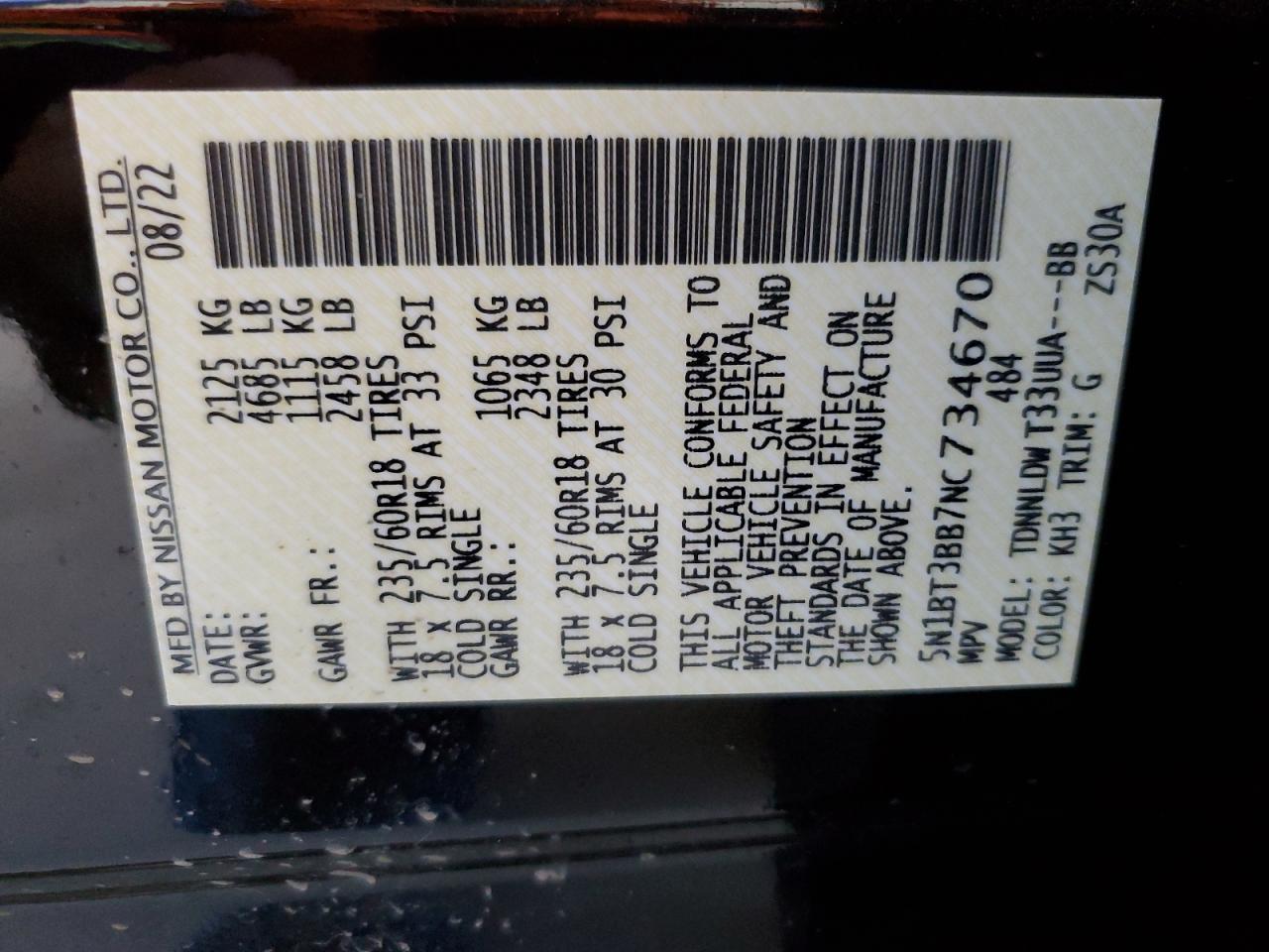 2022 NISSAN ROGUE SV VIN:5N1BT3BB7NC734670